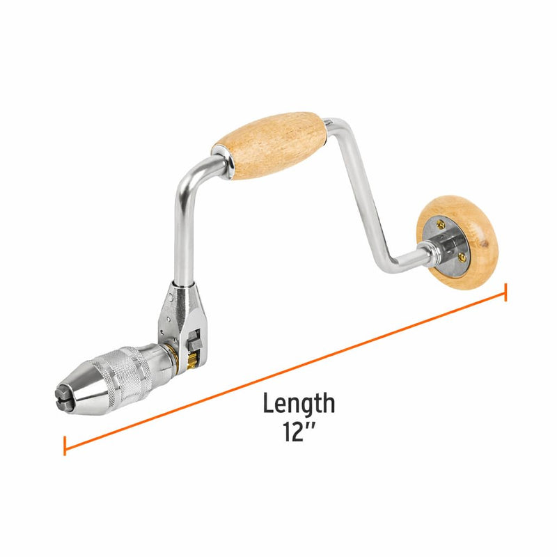 Truper Professional Brace Drill, 12-Inch Length, Wood Barrel & Crank with Wood Knob, Reversible Ratchet for Drilling & Screwing Wood (Model BC-12M / 10970)