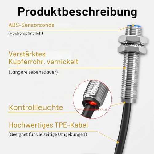 Heschen M8 Proximity Sensor Switch, LJ8A3-1-Z/BX-DC5V, 5V DC 200mA NPN NO, 1mm Detection Distance, Magnetic Metal Detector, 8mm Mounting Hole, 120cm Cable, IP67 Protection