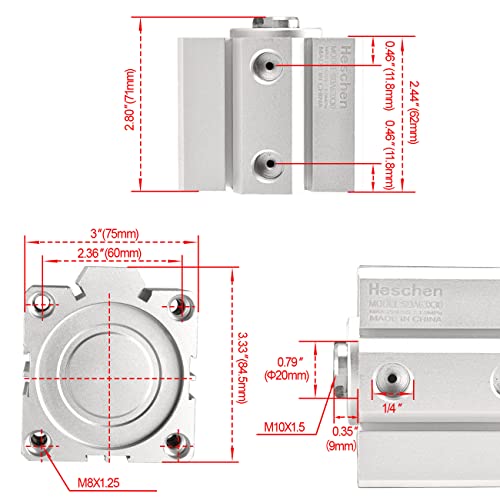 Heschen Pneumatic Compact Aluminum Air Cylinder, SDA 63-30, Bore 63mm, Stroke 30mm, PT1/4'' Port Size, Double Acting