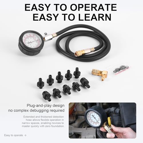Oil Pressure Tester Kit, 0–140 PSI Engine Oil Pressure Gauge with Hose & Brass Adapters, Automotive Diagnostic Tool for Cars, Motorcycles, Small Diesel Engines, with Storage Case (red) red