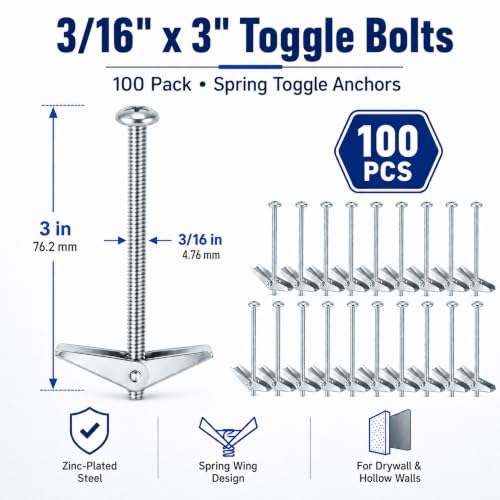 100-Pack 3/16" x 3" Toggle Bolts, Medium-Duty Spring Toggle Anchors for Drywall and Plaster, Zinc Plated Steel Hollow Wall Butterfly Bolts for Towel Bars, Mirrors, and Light Fixtures 100 3/16" x 3"