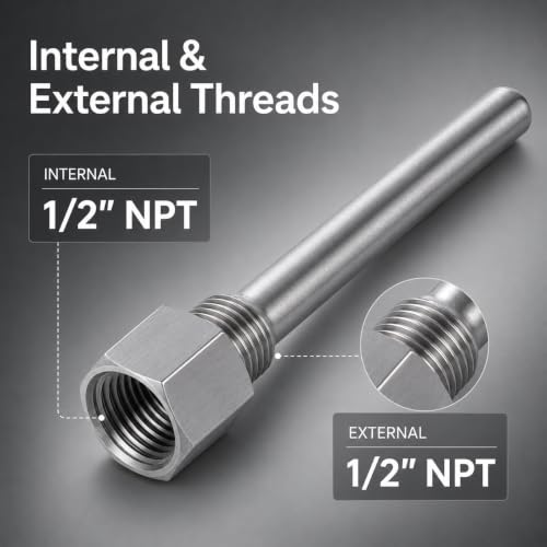 Stainless Steel 1/2" NPT Threaded Pipe for Temperature Sensors Bimetal Thermometer Sleeve
