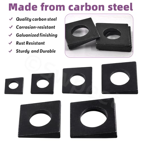 Swpeet 34Pcs 6 Sizes M8 /M10 /M12 /M16 /M18 /M20 Galvanized Black Beveled Square Washers Assortment Kit, Wedge Shaped Washers in Plain Carbon Steel for Shim Leveling Black Square Beveled