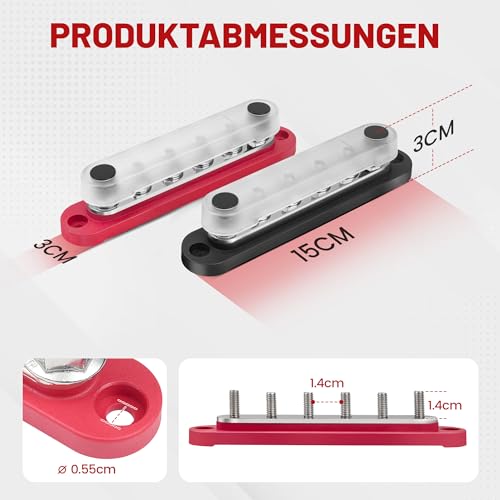RED WOLF 150A Busbar Distribution Block with 6x M6 Terminal Bolts, Positive Mass Power Distribution Block Busbar for Car Marine RV RV Truck Electrical System Terminal Blocks