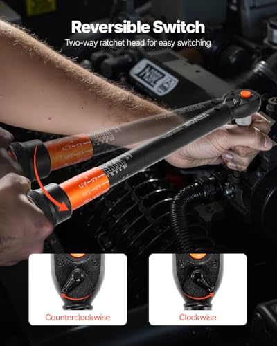 VEVOR 3/8 Inch Drive Torque Wrench, 10-100 ft.lb/13.6-135.6 Nm, Dual-Direction Adjustable Click Torque Wrench with 1/2 & 1/4 adapter, 3" Extension Bar, for Automobile Repair 3/8" 4 PCS