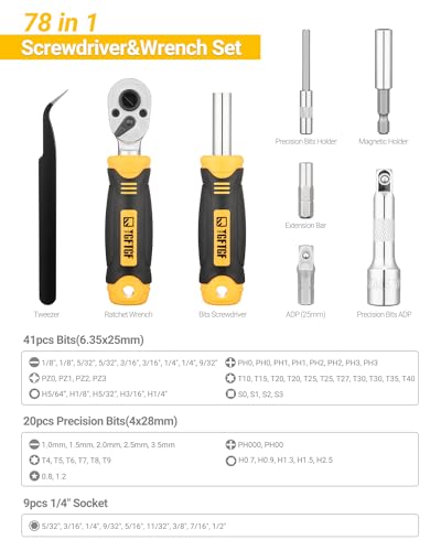 TGFTGF 78 PCS Precision Screwdriver Set, Socket Set SAE 5/32”-1/2”, Multi Bit Tool Kit & Ratcheting Wrench With Premium Case for Household Repair, DIY, Electronics, Eyeglasses, Bicycle, Car, Garage
