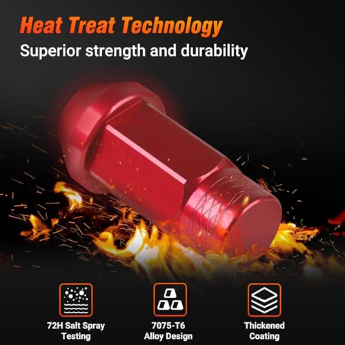 M12x1.25 Lug Nuts - 20 PCS 7075-T6 Aluminum Alloy 50mm Closed-End Lug Nuts, 1.95" 49.5mm Tall, Conical Seat 60 Degree, Tall Knurled Top Wheel Lug Nut (Red) Red