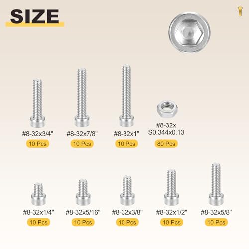METALLIXITY Socket Head Cap Screw Kit 160Pcs 304 Stainless Steel #8-32x1/4",5/16',3/8",1/2",5/8" 160