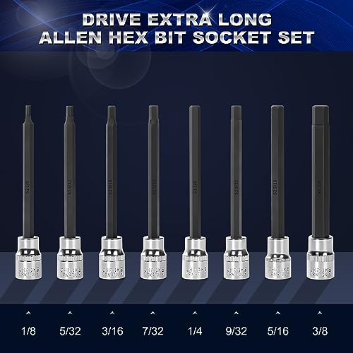 Reniteco 19-Piece 3/8 Inch Drive Extra Long Allen Hex Bit Socket Set, Standard SAE (1/8" - 3/8") & Metric(3mm-12mm)