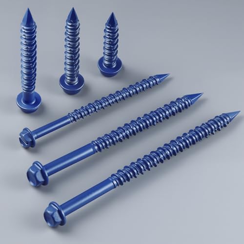 100Pcs 1/4 x 2-1/4 Inch Concrete Screws Anchor with Drill Bit, Blue Hex Head Masonry Brick Stucco Cement Block Screws, Diamond Point 1/4"x2-1/4" Blue-Hex Head 100