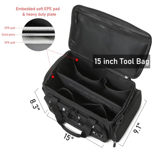 15-Inch Tool Bag, Multi-Purpose Tactical Work Tote & Range Organizer with Shoulder Strap, for Electricians, Handymen, Carpenters & Shooting Range Use (Black) Black