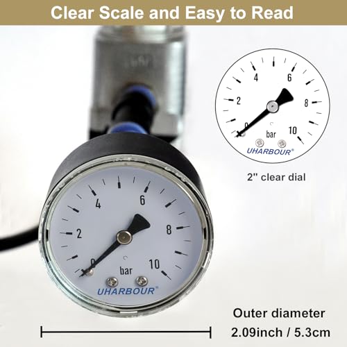 Uharbour Pressure Gauge Water 0-10 Bar, 1/4 Inch, Compressed Air Bracket on the Back, Compressed Air Pressure Gauge 1/4 BSP Brass Connection Axial