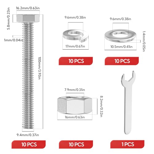 10PCS 3/8-16" x 4" 304 Stainless Steel Fully Threads Bolt, Hex Head Bolts with Nut Spacer and Spanner