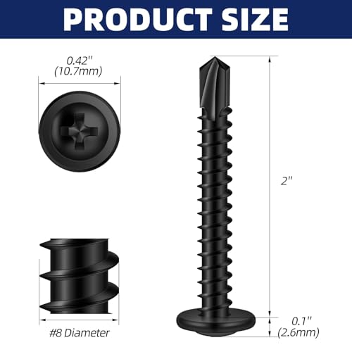 #8 x 2 Sheet Metal Screws, 410 Stainless Steel Truss Head Fast Self Drilling Screws, Black Oxide, Screwdriver Bit Included, 200 PCS #8 x 2"