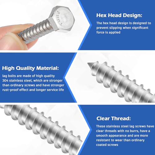 Zonon 100 Pcs 1/4" X 1-1/2" 304 Stainless Steel Lag Screw for Wood, Silver 1/4" X 1-1/2"