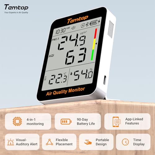 Temtop S1+ Air Quality Meter PM2.5, AQI, Temperature and Humidity, Ultra Long Battery Life of 100 Days, Thermohydrometer with App Connection, Ideal for Home and Office S1+ (Extended Standby - 100 Days + App)