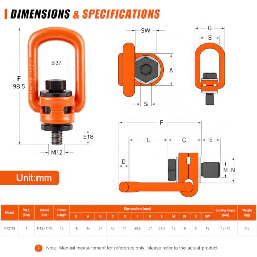 Flutesan 2 Pack M12 x 18 Swivel Eye Bolts Heavy Duty Swivel Hoist Rings