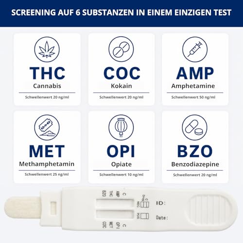 Drug Test Quick Test Saliva 6 Substances - Multi-Drug Test for Home - Saliva Test for THC, Cocaine, Amphetamine, Methamphetamine, Opiates & Benzodiazepines - Result in Minutes, Pack of 3