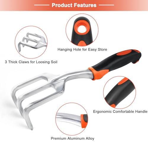Small Garden Claw Tool Garden Handrake with Ergonomic Handle + Garden Tools 7 Pack Garden Tool Set with Ergonomic Non-Slip Handle