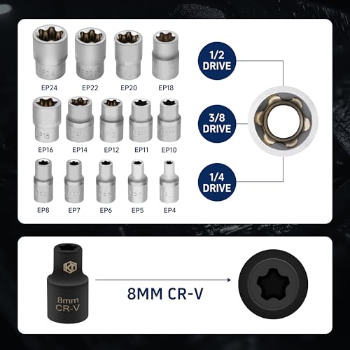 15pc External Torx Plus Socket Set Compatible with Tesla, 6 Point EP Sockets EP4, EP5, EP6, EP7, EP8, EP10, EP11, EP12, EP14, EP16, EP18, EP20, EP22, EP24 with 1/2'' 3/8'' 1/4'', Silver