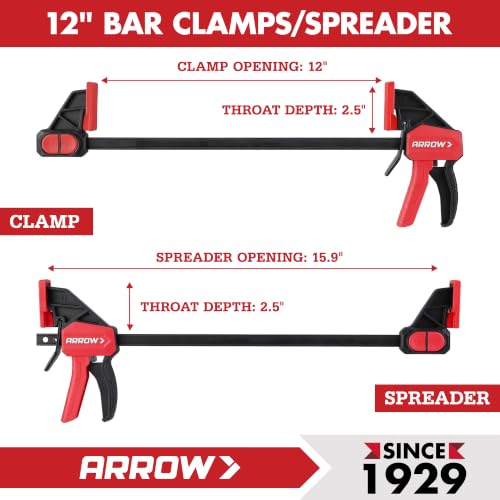ARROW 2-Piece 12" Medium Duty Bar Clamps for Woodworking with 150LBS Force 12"(2)