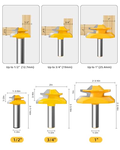 Router Bits, Allmake 3pcs Lock Miter Router Bits 1/4 Shank and 1/2 Shank, 45 Degree Locking Miter Joint Router Bit Set for Woodworking Cabinetry Drawers Shadow Boxes