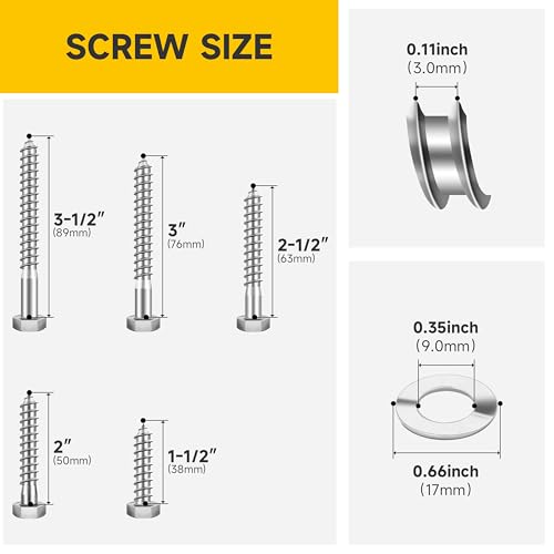 MYWISH (20Sets) 1/4" x 2-1/2" Hex Head Lag Bolts & Mywish 3/8 Hex Head Lag Screws Assortment Kit, 46Pcs Heavy Duty Lag Bolts with Washers, 304 Stainless Steel Bolts 18-8 5-Size Wood Screws for Outdoor
