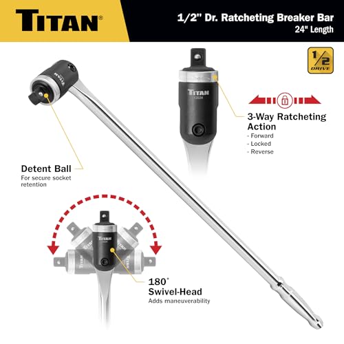 Titan 12024 1/2-Inch Drive x 24-Inch Heavy-Duty Ratcheting Breaker Bar with 180-Degree Swivel Head