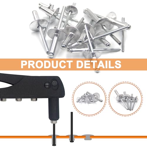 ISPINNER 60pcs Large Flange Aluminum Blind Rivets Assortment Kit with Heavy Duty Hand Riveter Rivet Gun Tool 1/8" 5/32" 3/16" Pop Rivets