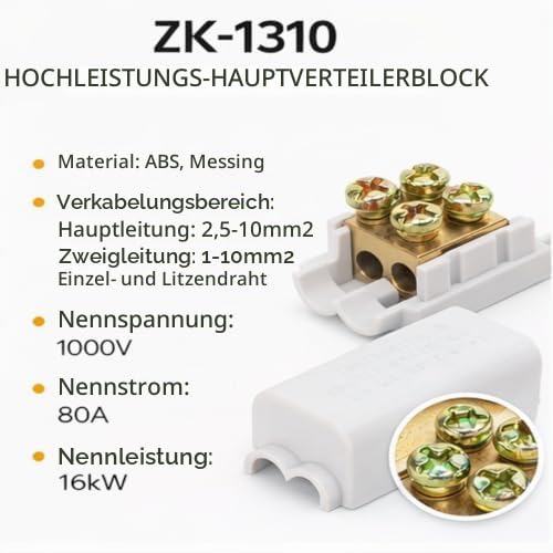 2-Piece Terminal Blocks High Performance Main Divider T Shape 1-in-2-Out Wiring Terminal Block Quick Splice Terminal Blocks Cable Connection Zk-1310 1000V 80A with Insulation Shell