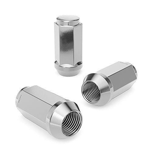 StanceMagic Set of 20 Lug Nuts Metric 14x1.5 Threads, Bulge Conical Cone Taper Acorn Seat Closed End Long Extended, 1.8 inch Length, Uses 21mm or 13/16 inch Hex Socket M14x1.5 Lug Nut, Silver Chrome