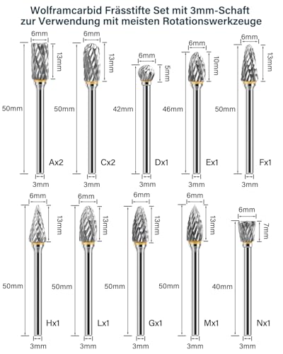 Lytool Carbide Burr Set, 12 Pieces Double Cut Rotary Cutter with 3 mm Shank, Dremel Accessories for Wood Carving, Metal Polishing, Engraving, Grinding and Drilling