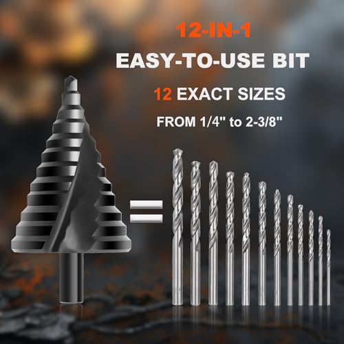 HSS Step Drill Bit for Metal, 12 Steps from 1/4" to 2-3/8", Spiral Flutes M2 1/4"- 2-3/8"