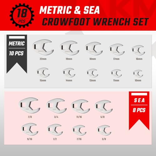 AKM 18PCS Crows Foot Wrench Set, 3/8" Drive Flare Nut Crowfoot Set, 6 Point Crows Feet Wrenches, Metric 10-22mm & SAE 3/8"-7/8" with Organizer Box, Cr-v Steel, Fully Polished Clear Mark
