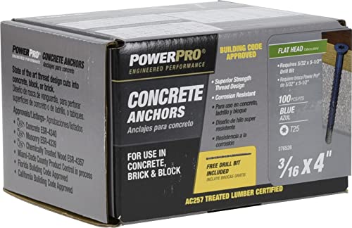 Power Pro 376528 Concrete Screw Anchors, 3/16" x 4", High-Performance, Code-Approved, Epoxy Coated, Coarse Thread, for Concrete and Masonry, Outdoor Rust Resistant, Blue, 100pcs 3/16" x 4" 100 Pieces