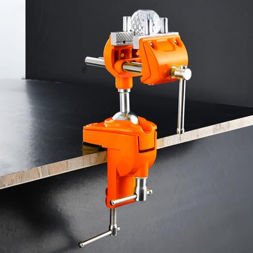 Bench Vise, 360° Swiveling Articulating Vise, Clamp-On Vise for Workbench, Cast Steel Table Clamp Vise, Pipe Vise, Bench Vice for Woodworking, DIY, Drilling, Sawing, Metal Working, Orange