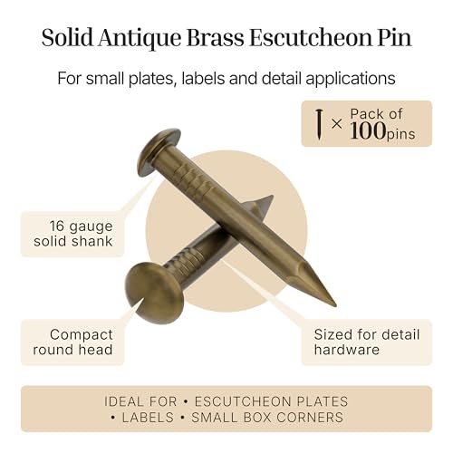 Antique Solid Brass Escutcheon Pins - 1/2" Long - Pack of 100 - Small Round Head Nails - Decorative Nails for Wood - EP1-BAB Antique Brass