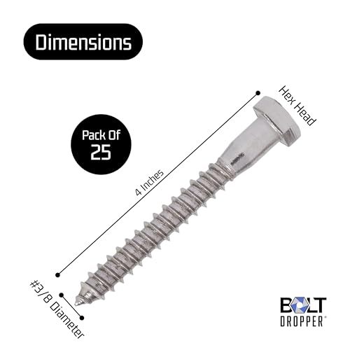 Bolt Dropper 25 Pack 3/8 x 4 Inch Stainless Steel Lag Bolts - Hex Head Screws with Coarse Threads - Heavy Duty 304 Grade Rust Resistant Coach Bolts for Wood and Outdoor Projects - Plain Finish 3/8" x 4" - 25pcs