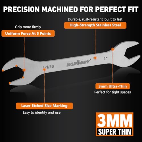 HORUSDY Thin Open End Wrench Set | Bike Wrench Set with Rolling Pouch | 19-Piece SAE & Metric | CR-V Steel | 1/4" to 1-1/16" & 5.5mm to 27mm for Mechanics SAE & Metric 19-Piece