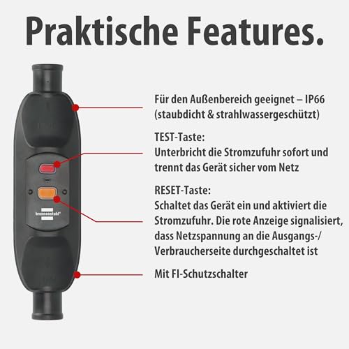 Brennenstuhl PRCD Mobile Personal Protection Intermediate Switch BDI-Z 1 10 IP66 | For cable mounting, with FI circuit breaker for outdoor use 10 mA, two-pole shutdown
