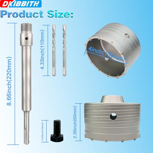 4" Concrete Hole Saw, 102mm Tungsten Steel Core Bit for Cinder Block, Brick, Rock, Plank Walls for Pipes or mini Split Lines, with SDS Plus Shank and 2 Center Positioning Drill Bits. 4"