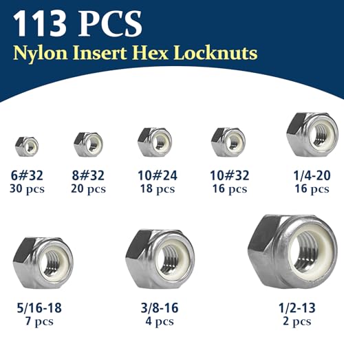 113 Pack SAE Nylon Insert Hex Lock Nuts Assortment Kit and 150 Pack SAE Hex Nuts Assortment Kit,4#40 6#32 8#32 10#24 10#32 12#24 1/4-20 5/16-18 3/8-16 1/2-13 304 Stainless Steel Hardware Nuts Se