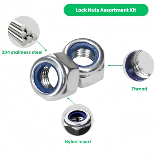 BOLDGNAITE 331pcs Metric Lock Nuts Assortment Kit,M3 M4 M5 M6 M8 M10 M12 Nylon Insert Locknuts, 304 Stainless Steel Self-Locking Nuts Set for Industrial and Home Use