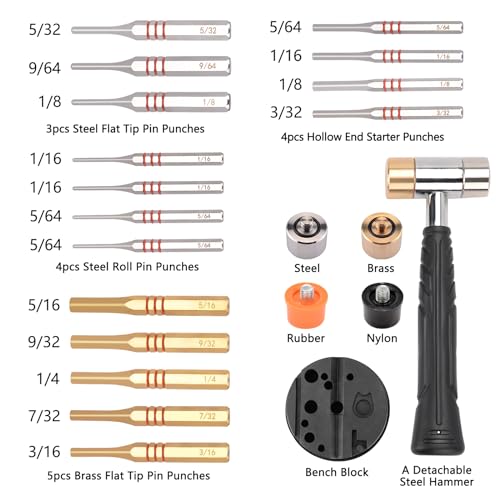 Pridefend Punch Set,Brass Punch Set and Roll Pin Punch Set Made of Solid Material Including Steel Pin Punch Set and Bench Block, Hammer with Detachable Heads,Punch Set with Portable Storage Case Brass Pin Punch Set