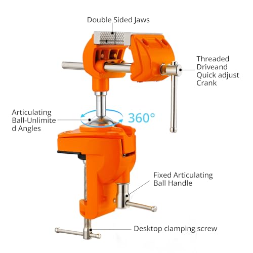 Bench Vise, 360° Swiveling Articulating Vise, Clamp-On Vise for Workbench, Cast Steel Table Clamp Vise, Pipe Vise, Bench Vice for Woodworking, DIY, Drilling, Sawing, Metal Working, Orange