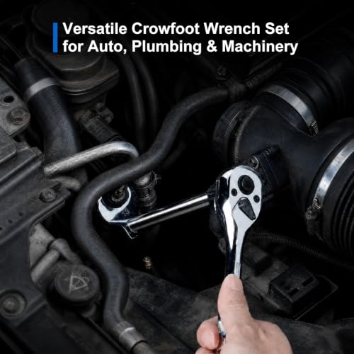 19PCS Crows Foot Wrench Set, SAE & Metric Crowfoot Wrench Set with 2 Connectable Extension Bars, 3/8" Drive CR‑V Steel, Metric 10‑22mm & SAE 3/8"‑7/8" Metric and SAE