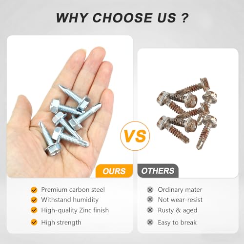 1/4" x 1" Hex Washer Head Self-Drilling Screws (100 PCS), Grade 8.8 Heat Treated Carbon Steel, Zinc Plated Self Tapping Screws, Industrial Strength Metal Fasteners Silvery Self-Drilling 100 pcs