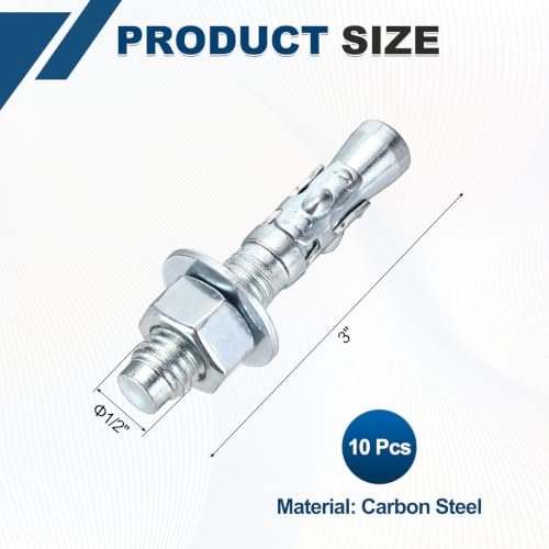 1/2"x3" Wedge Bolt 10 Pack Carbon Steel Zinc Plated 1/2"x3"