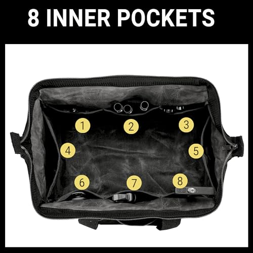 Heavy-Duty 16oz Waxed Canvas Tool Tote Bag - 15" Wide Mouth Open Top Organizer with 15 Pockets | Multi-Purpose Storage for Tools, Hardware & DIY Supplies (Black) Black 15 Inch