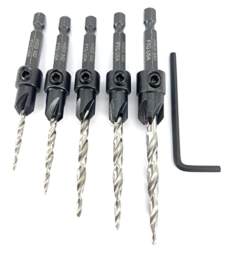FTG USA Wood Countersink Drill Bit Set 5 Pc Countersink Drill Bit #4, 6, 8, 10, 12, Tapered Drill Bits with 1/4" Hex Shank Quick Change, Allen Wrench, and 6 Pc Storage Containers